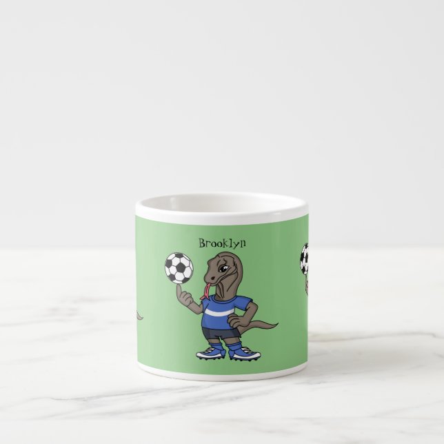 Cute funny Komodo dragon playing soccer cartoon Espresso Cup (Front)