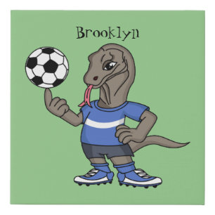 Cute funny Komodo dragon playing soccer cartoon Faux Canvas Print