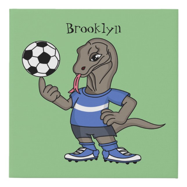 Cute funny Komodo dragon playing soccer cartoon Faux Canvas Print (Front)