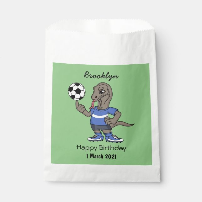 Cute funny Komodo dragon playing soccer cartoon Favor Bag (Front)