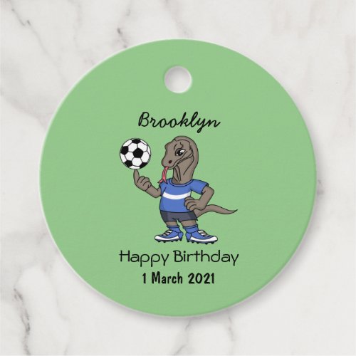 Cute funny Komodo dragon playing soccer cartoon Favor Tags