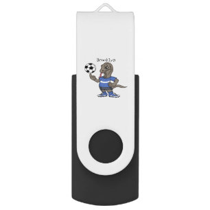Cute funny Komodo dragon playing soccer cartoon Flash Drive