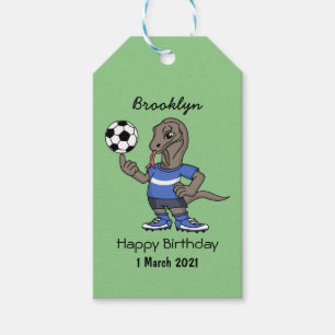 Cute funny Komodo dragon playing soccer cartoon Gift Tags
