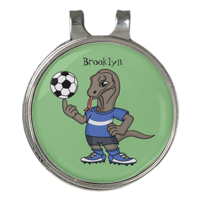 Cute funny Komodo dragon playing soccer cartoon Golf Hat Clip (Front)