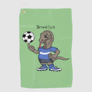 Cute funny Komodo dragon playing soccer cartoon Golf Towel