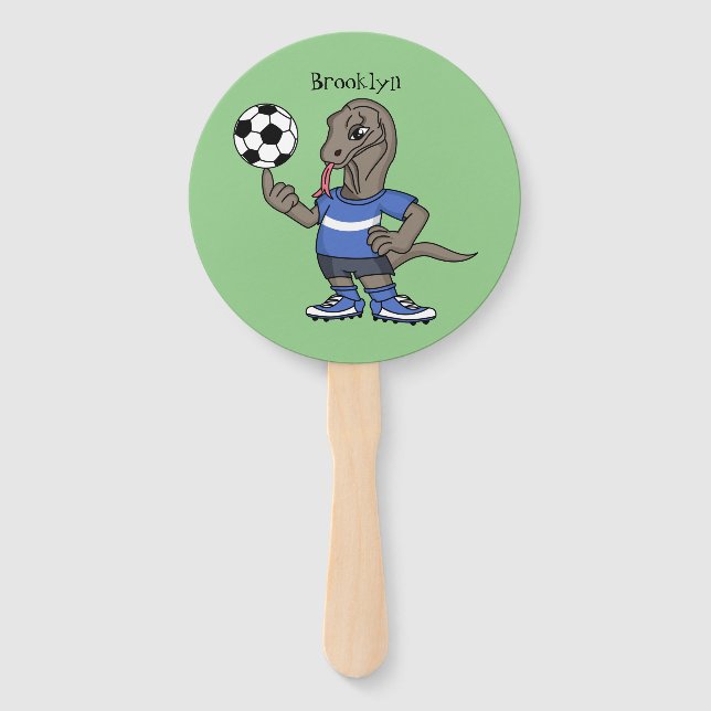 Cute funny Komodo dragon playing soccer cartoon Hand Fan (Front)