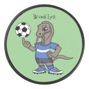 Cute funny Komodo dragon playing soccer cartoon Hockey Puck