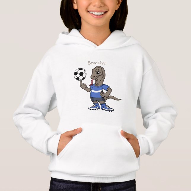 Cute funny Komodo dragon playing soccer cartoon Hoodie (Front)