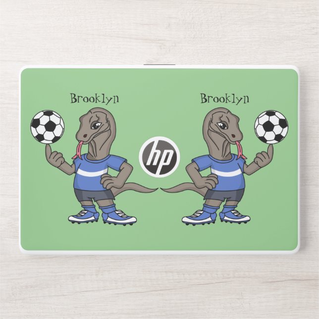 Cute funny Komodo dragon playing soccer cartoon  HP Laptop Skin (Front)