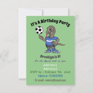 Cute funny Komodo dragon playing soccer cartoon Invitation
