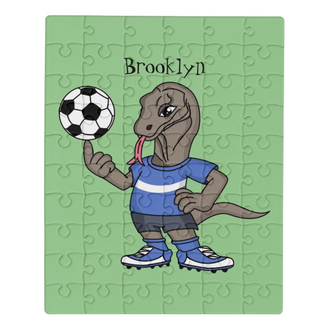 Cute funny Komodo dragon playing soccer cartoon Jigsaw Puzzle (Puzzle Vertical)