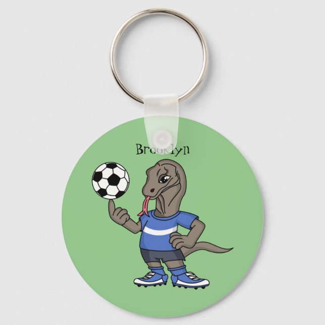Cute funny Komodo dragon playing soccer cartoon Keychain (Front)