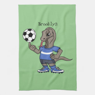 Cute funny Komodo dragon playing soccer cartoon Kitchen Towel