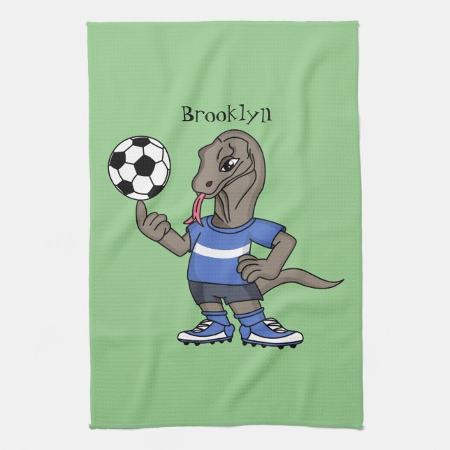 Cute funny Komodo dragon playing soccer cartoon Kitchen Towel (Vertical)