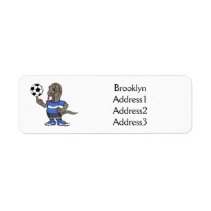 Cute funny Komodo dragon playing soccer cartoon Label