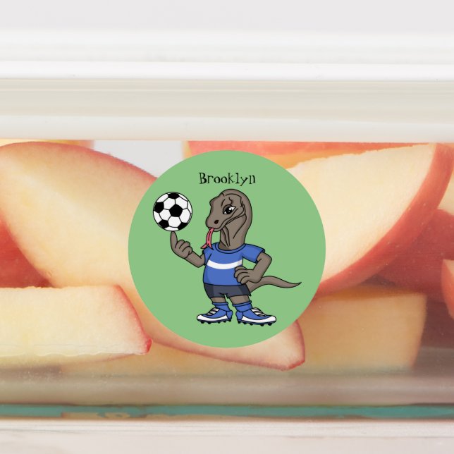 Cute funny Komodo dragon playing soccer cartoon Labels (Affixed)
