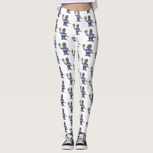 Cute funny Komodo dragon playing soccer cartoon Leggings (Front)