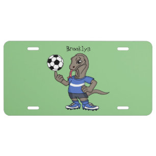 Cute funny Komodo dragon playing soccer cartoon License Plate