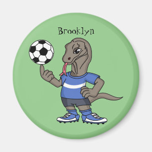 Cute funny Komodo dragon playing soccer cartoon Magnet