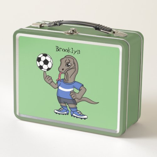 Cute funny Komodo dragon playing soccer cartoon Metal Lunch Box