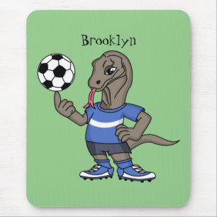 Cute funny Komodo dragon playing soccer cartoon Mouse Pad