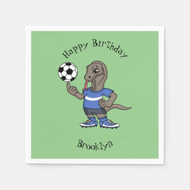 Cute funny Komodo dragon playing soccer cartoon Napkins (Front)