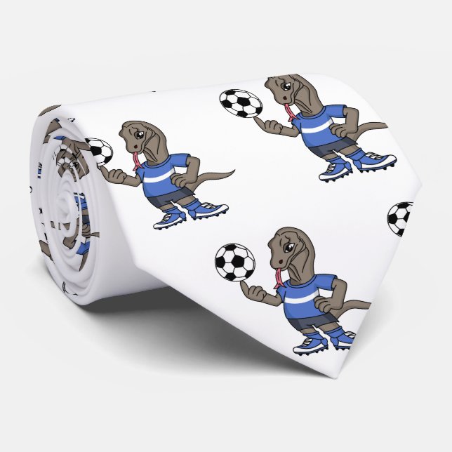 Cute funny Komodo dragon playing soccer cartoon Neck Tie (Rolled)