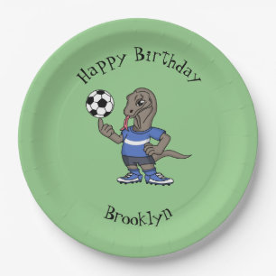 Cute funny Komodo dragon playing soccer cartoon Paper Plates