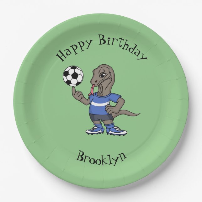 Cute funny Komodo dragon playing soccer cartoon Paper Plates (Front)
