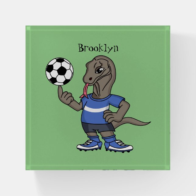 Cute funny Komodo dragon playing soccer cartoon Paperweight (Front)