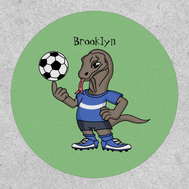 Cute funny Komodo dragon playing soccer cartoon Patch (Front)
