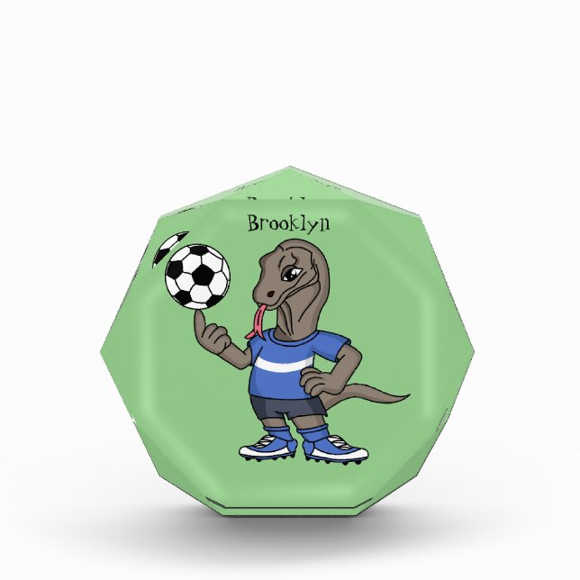 Cute funny Komodo dragon playing soccer cartoon Photo Block (Front)