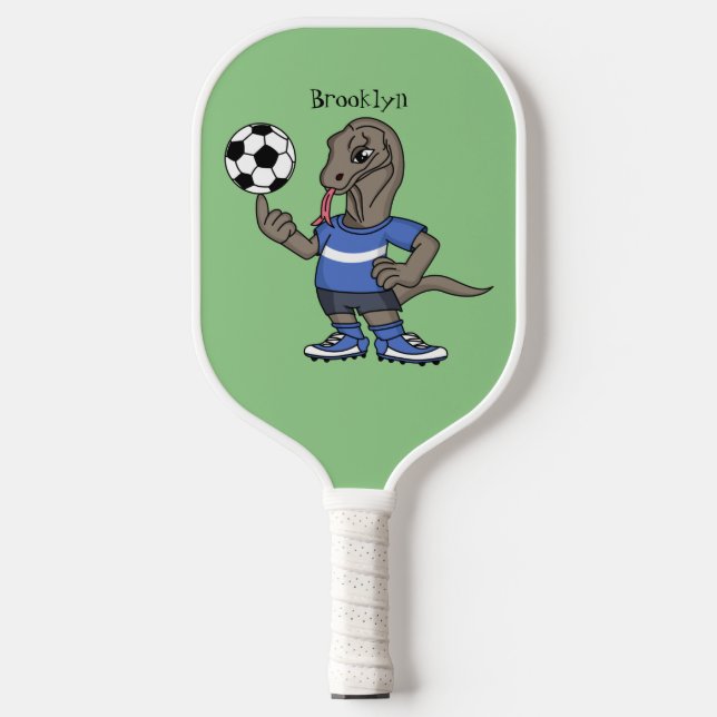 Cute funny Komodo dragon playing soccer cartoon Pickleball Paddle (Front)
