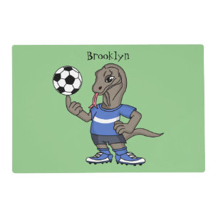 Cute funny Komodo dragon playing soccer cartoon Placemat
