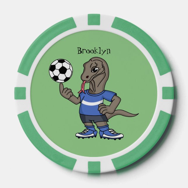 Cute funny Komodo dragon playing soccer cartoon Poker Chips (Front)