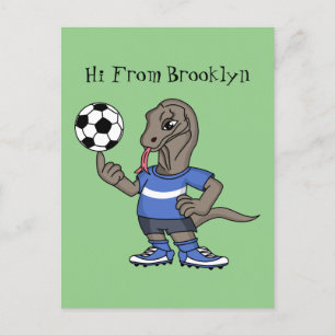 Cute funny Komodo dragon playing soccer cartoon Postcard