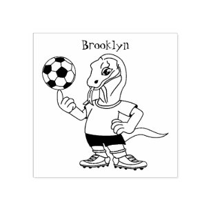 Cute funny Komodo dragon playing soccer cartoon Rubber Stamp