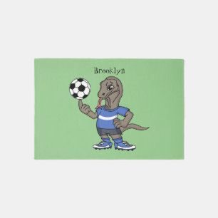 Cute funny Komodo dragon playing soccer cartoon Rug