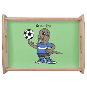 Cute funny Komodo dragon playing soccer cartoon Serving Tray