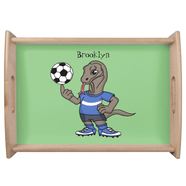 Cute funny Komodo dragon playing soccer cartoon Serving Tray (Front)