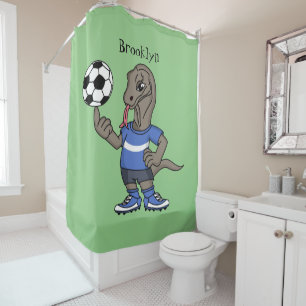 Cute funny Komodo dragon playing soccer cartoon Shower Curtain
