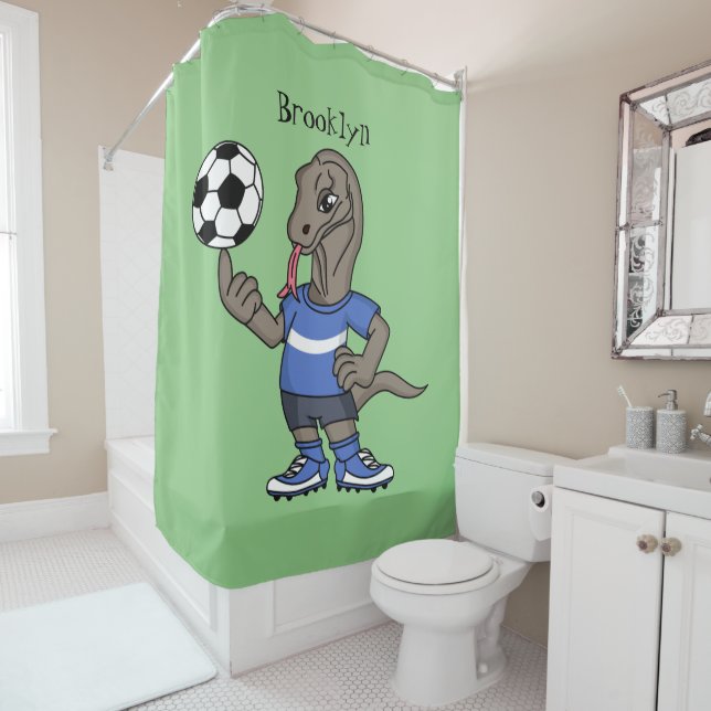 Cute funny Komodo dragon playing soccer cartoon Shower Curtain (In Situ)