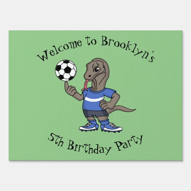 Cute funny Komodo dragon playing soccer cartoon Sign (Front)