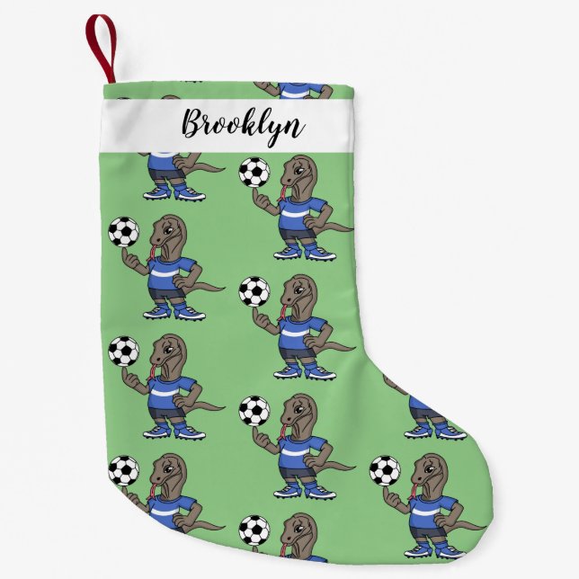 Cute funny Komodo dragon playing soccer cartoon Small Christmas Stocking (Front)