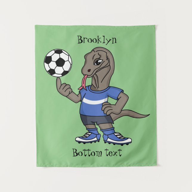 Cute funny Komodo dragon playing soccer cartoon Tapestry (Front)