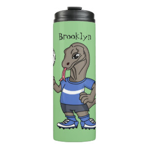 Cute funny Komodo dragon playing soccer cartoon Thermal Tumbler