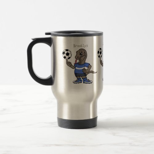 Cute funny Komodo dragon playing soccer cartoon Travel Mug