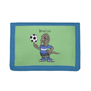 Cute funny Komodo dragon playing soccer cartoon Trifold Wallet