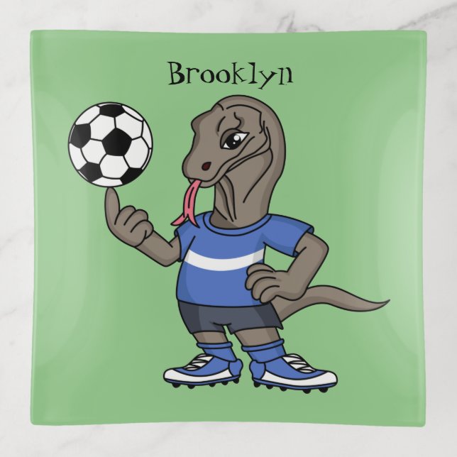 Cute funny Komodo dragon playing soccer cartoon Trinket Tray (Front)