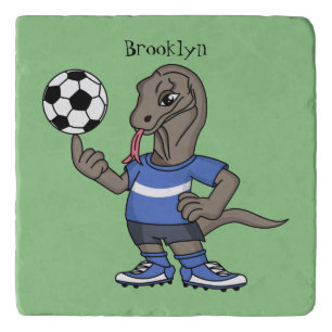 Cute funny Komodo dragon playing soccer cartoon Trivet